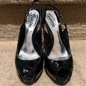 Gucci Sofia Black Patent Leather Peep-Toe Heels
